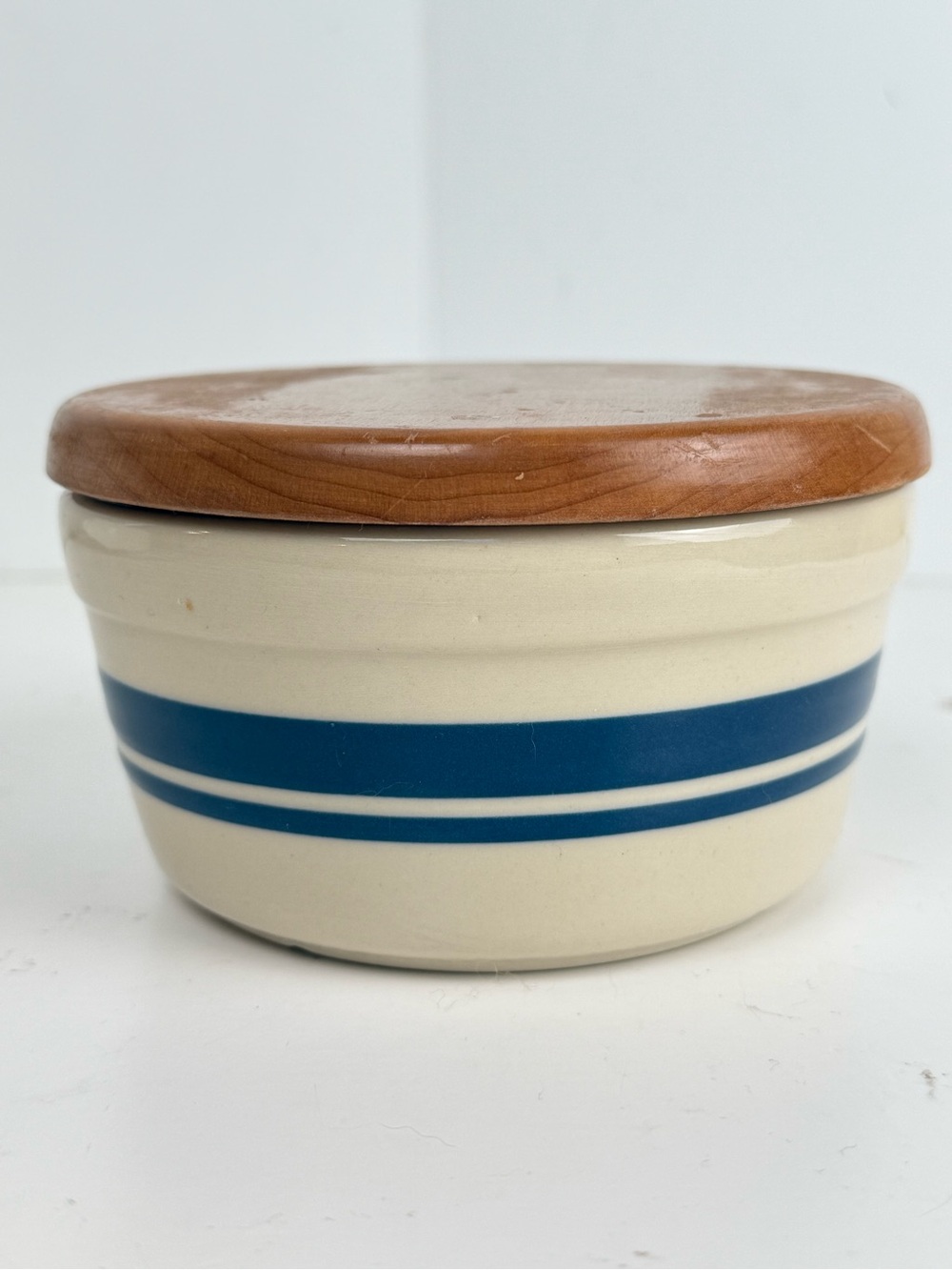 Friendship Pottery Roseville OH Ceramic Storage Jar Crock Wood Lid 2.5” x 5”